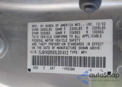 2003 Honda Element Ex from USA, damaged, VIN 5J6YH28593L001412